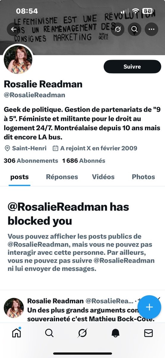 Ça se dit militant mais ça te bloque aussitôt que c’est à cours d’arguments.  Une fragile incapable de débattre.