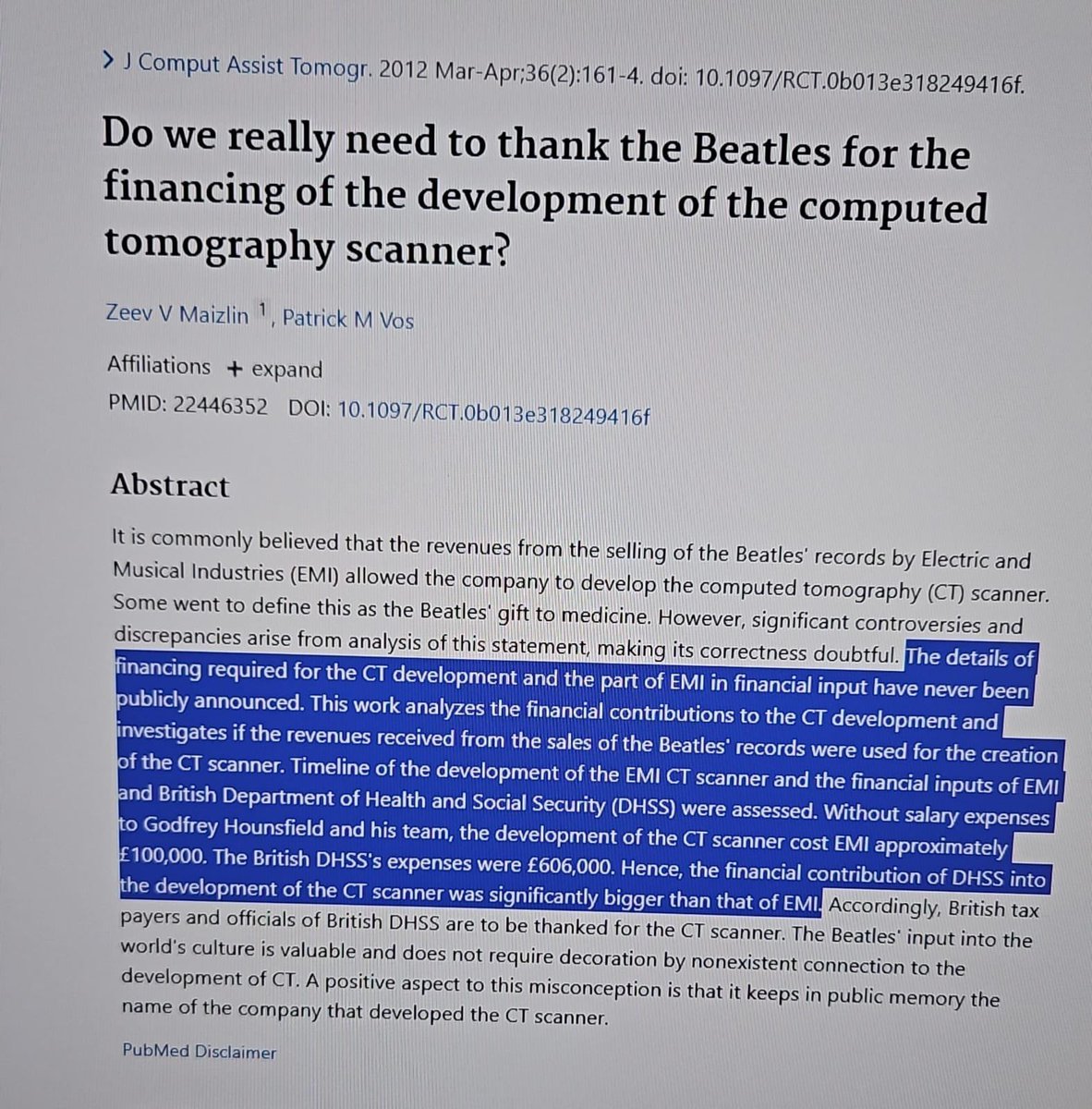PulmaoSA's tweet image. Devemos agradecer aos @thebeatles por financiar o desenvolvimento da Tomografia Computadorizada ( #CTscanner) ? 

🧵 inspirado no artigo abaixo publicado na Comput Assist Tomogr em 2012, compartilhado pelo meu amigo e colega #Pneumologista @HelderHVR