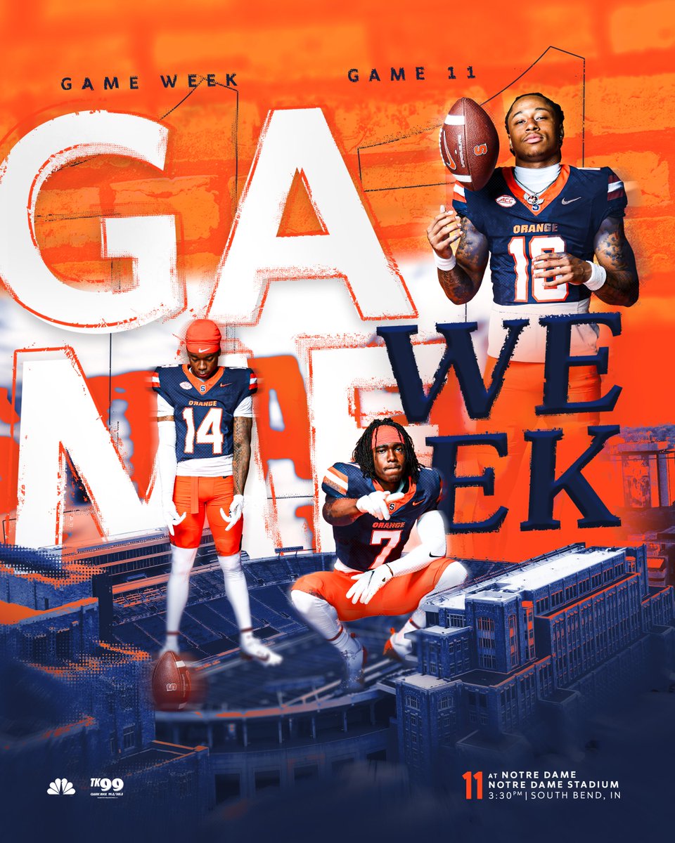 CuseFootball's tweet photo. GAME WEEK

🗓️ Saturday
⌚️ 3:30 ET
🆚 Notre Dame
📺 @NBC https://t.co/VsCeVAdnhP
