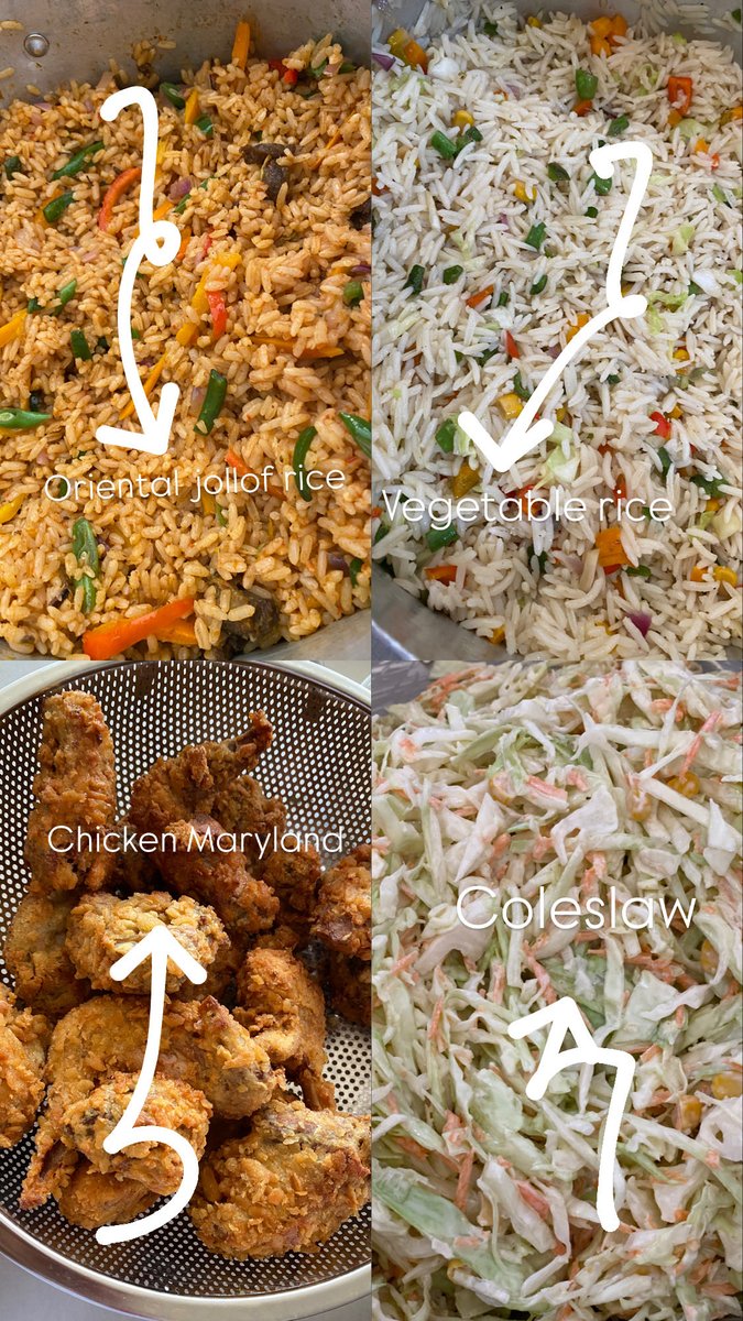 Asmealiyu's tweet photo. Day 12
Oriental jollof rice 
Vegetable rice 
Chicken Maryland
Coleslaw
#rucedishes https://t.co/OQMrNBY5eQ