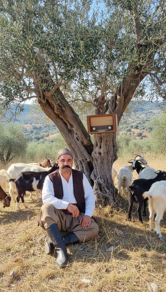 Ne zaman bunalsam, daraldım gözümü kapatır, gencligimdeki anılarımı hayal ederim. Öğle sıcağında keçilere beraber bir ağaç gölgesinde dinleniyorum,  TRT Çukurova Radyosundan türküler dinliyorum.  Yapay zekaya bu hayalimi ve fotoğrafımı verdiğimde söyle bir görsel çizdi.