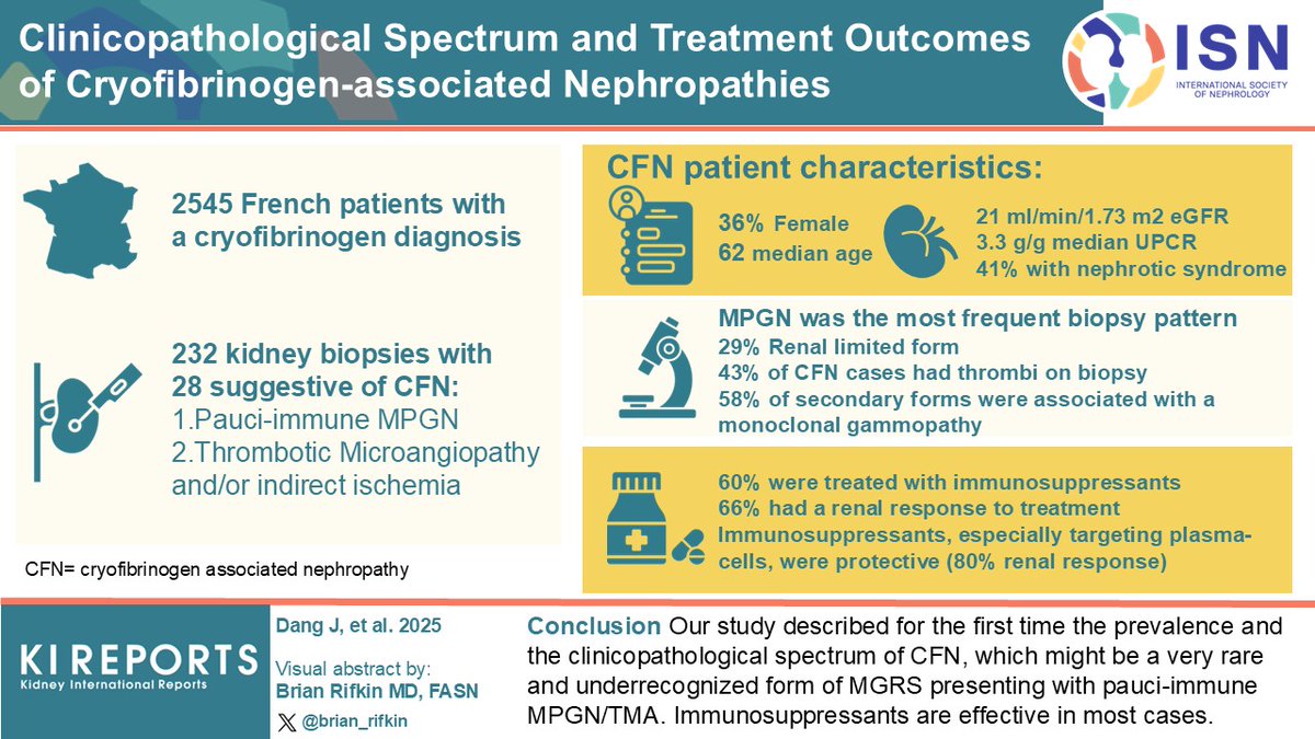 KIReports's tweet image. Clinicopathological Spectrum and Treatment Outcomes of #Cryofibrinogen associated Nephropathies

#VisualAbstract by @brian_rifkin

kireports.org/article/S2468-…

@JulienVPDang
