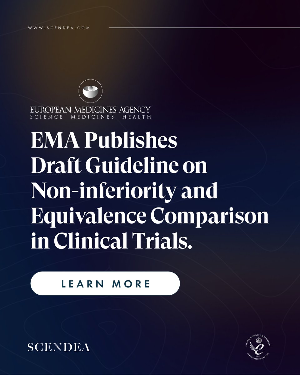 scendea's tweet image. The EMA has published a draft guideline on the non-inferiority and equivalence comparisons in clinical trials. For support with your EU regulatory activities, get in touch to speak to Scendea&apos;s experts Scendea.com/contact