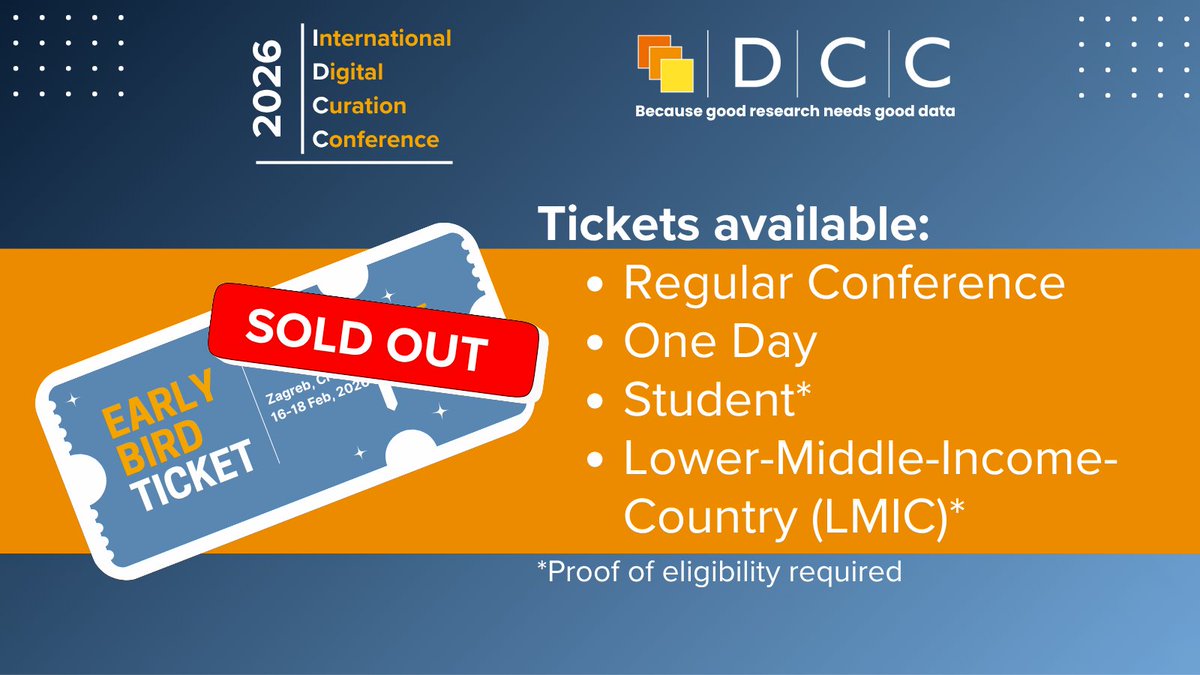 digitalcuration's tweet image. 🎉Early Bird tickets for #IDCC26 are SOLD OUT!

🎫Regular, One-Day, Student &amp;amp; LMIC tickets are available until 1 Feb 2026 (or until they sell out).

Join us in Zagreb this February!

🔗Read more about registration:
eventbrite.co.uk/e/20th-interna…

#DigitalCuration #ResearchData