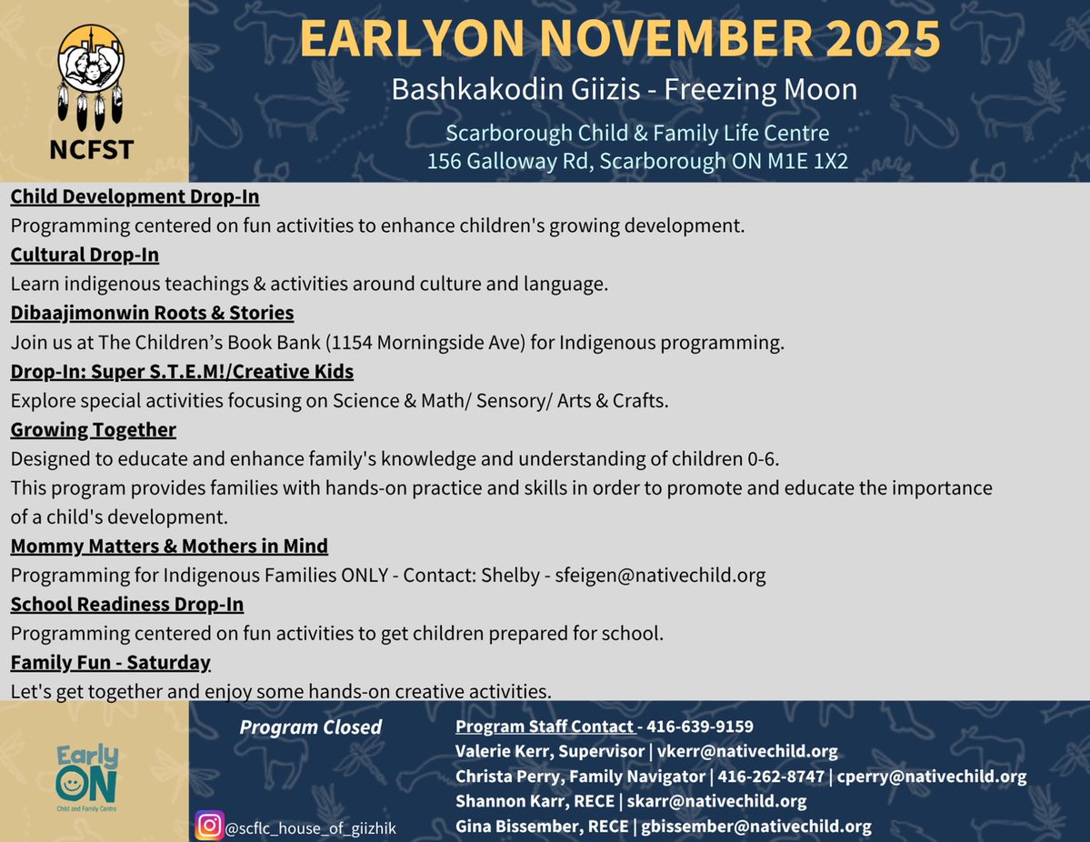 Stop by the SCFLC (156 Galloway Road) EarlyON for another month of fun, learning, and connection with other families. Check out their November calendar to see what’s happening!

@scflc_house_of_giizhik