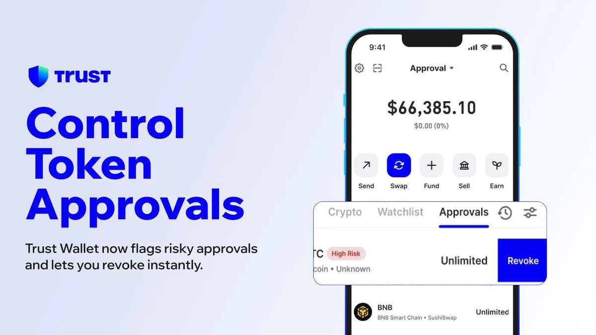 You can now control and revoke token approvals in Trust Wallet 🛡️

👀 See who has access to your tokens
🚨 Get alerts on risky approvals
❌ Revoke in a few taps

Live on Mobile &amp; Extension. Learn more: short.trustwallet.com/approvals