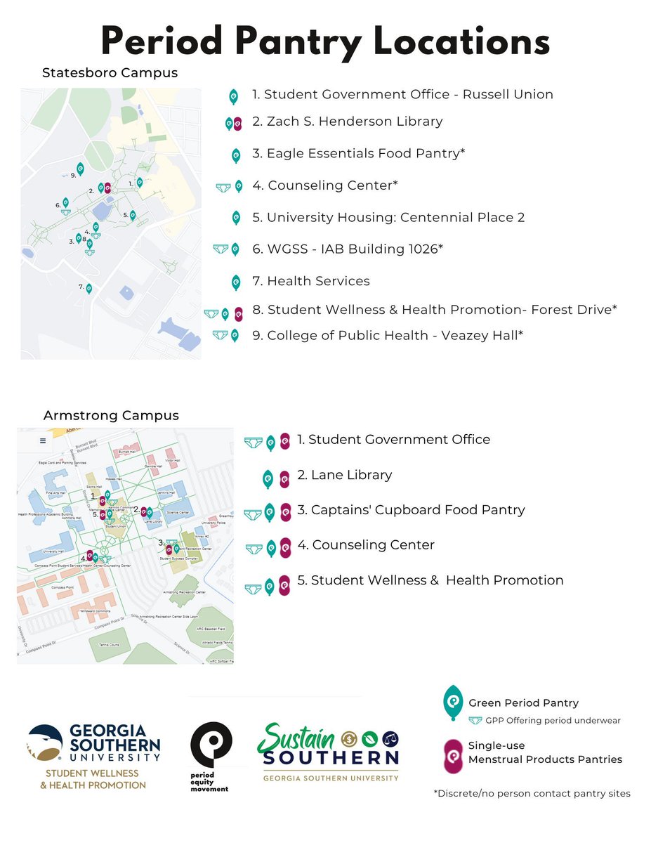 GSswhp's tweet image. Here is a reminder and updated campus map of our Period Equity Movement locations! 

#EagleWellness