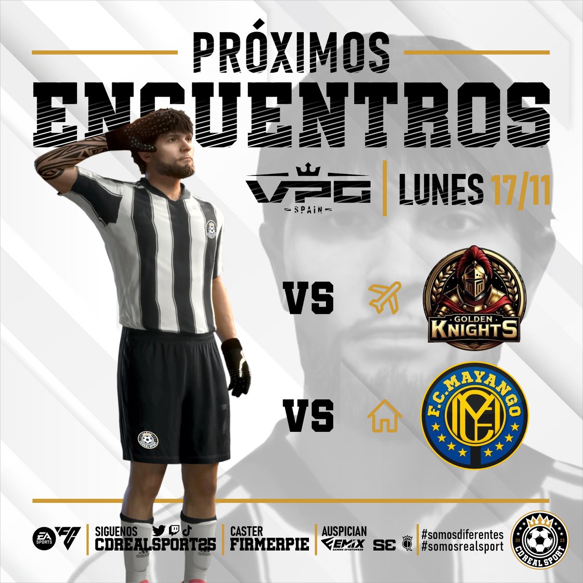 -CD REAL SPORT-

5 puntos nos separan de ser campeones de #VPGSpain #SegundaDivision y el ascenso a #PrimeraDivisión.

<a href="/VPG_Spain/">Virtual Pro Gaming España</a>
✈️🆚 <a href="/Golde_knights/">⚔️🛡 Golden Knights ®</a> 
🏠🆚<a href="/FCMayango/">FC Mayango</a>

🗓️|17/11 - 23:00, en directo: 
📺|twitch.tv/vikennyss

🖌️|<a href="/fearbzr/">Fernando Arocena FE4rBzR*</a>

#somosdiferentes #somosrealsport
💛🖤🤍