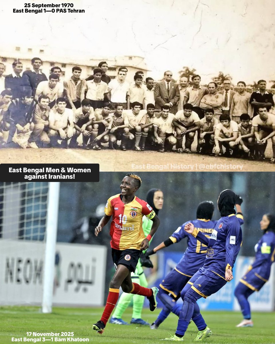 ebfchistory's tweet image. 🇮🇳 East Bengal becomes the first Indian club to defeat 🇮🇷 Iranian clubs in competitive matches in both men&apos;s and women&apos;s categories!

• East Bengal 1️⃣—0️⃣ PAS Tehran
• East Bengal 3️⃣—1️⃣ Bam Khatoon

Iranians can shout all they want but won&apos;t forget #EastBengalFC 👀

#MoshalGirls