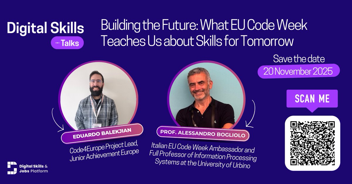 DigitalSkillsEU's tweet image. 📚Join the 17th #DigitalSkillsTalks on 20 Nov, 09:30 CET to explore how EU Code Week shapes tomorrow’s digital skills.      

🎙️With Eduardo Balekjian &amp;amp; Prof. Alessandro Bogliolo @neutralaccess 
👉Register: bit.ly/486PJu3

@EU_Commission @EU_Social @DigitalEU @CodeWeekEU