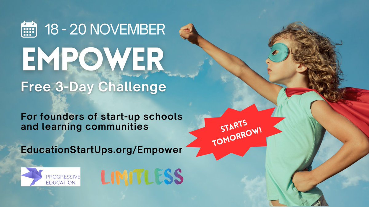 ProgEducat's tweet image. STARTING TOMORROW!
FREE 3-Day Challenge Event on 18-20 Nov for pioneers starting or running their own #Schools and #LearningCommunities. 
Celebrating one year of running our #membership for #startups.

Find out more and register at educationstartups.org/empower 
#ReimagineEducation