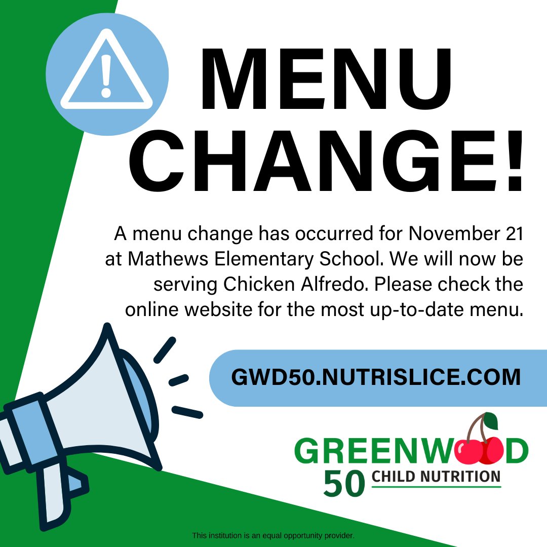 🚨 Menu Update Alert! Matthew Elementary students, please review the online menu to see the most recent changes: gwd50.nutrislice.com 

@gwd50schools #weareD50 #Greenwoodsc #GreenwoodSouthCarolina #Greenwood #SCschools #GreenwoodCounty