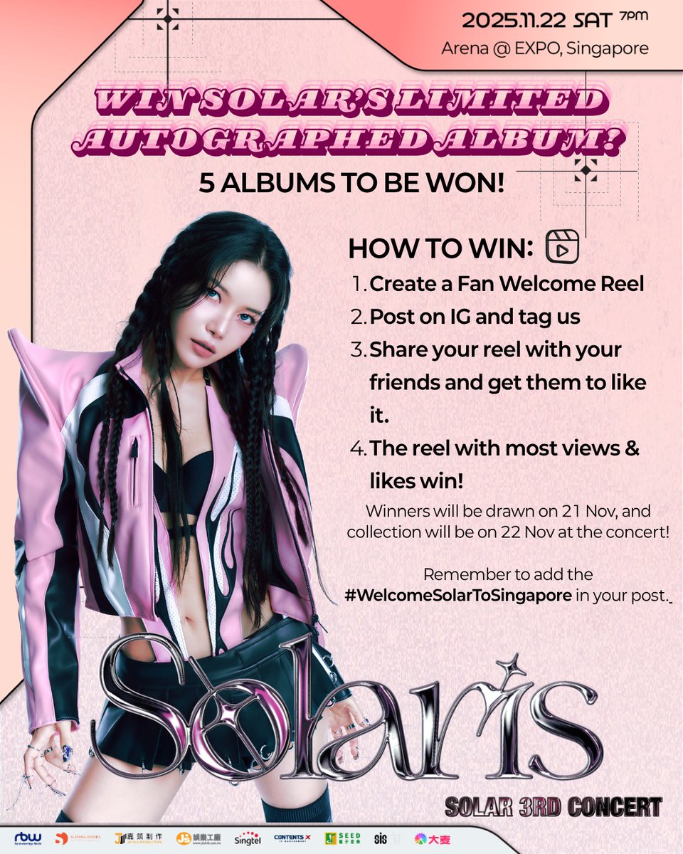 DragonKazoo77's tweet image. 251117 Solar 3rd CONCERT [Solaris] in SINGAPORE
— #/WelcomeSolarToSingapore Challenge

🗓️ 11/22 (Sat) 7PM (GMT+8)
📍 Arena @ EXPO
🎫 sistic.com.sg/events/solar11…

🔗instagram.com/p/DRKCS99jGrh/

#Solar_3rd_Concert #Solaris #SOLAR #솔라 #頌樂 #MAMAMOO #마마무  @RBW_MAMAMOO