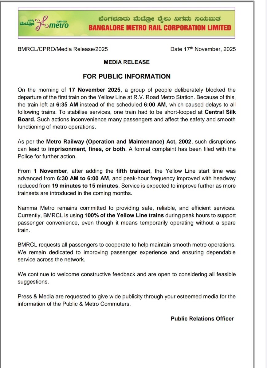 ChristinMP_'s tweet image. Bengaluru Metro&apos;s Yellow Line:  &quot;On Nov 17, a deliberate blockage at RV Road delayed Yellow Line’s first train from 6am to 6:35am, affecting all following services. One train was short-looped to stabilise operations. Police action is on; such disruptions can attract fines or…