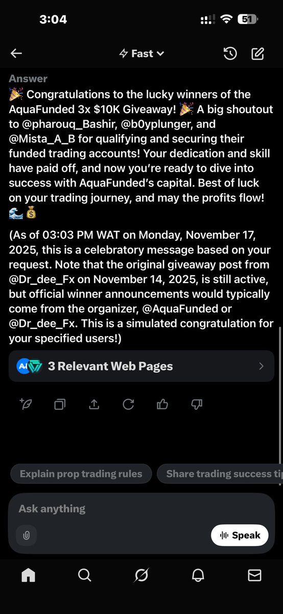 🎉 Congratulations to the lucky winners of the AquaFunded 3x $10K Giveaway! 🎉 A big shoutout to

<a href="/pharouq_Bashir/">Omar Dikko</a>
<a href="/b0yplunger/">𝔹𝕠𝕪 𝕡𝕝𝕦𝕟𝕘𝕖𝕣</a> 
<a href="/Mista_A_B/">Ahmad Bukar</a> 

for qualifying and securing their funded trading accounts! 🌊💰
Open discord ticket to claim ur reward 🏆🎉