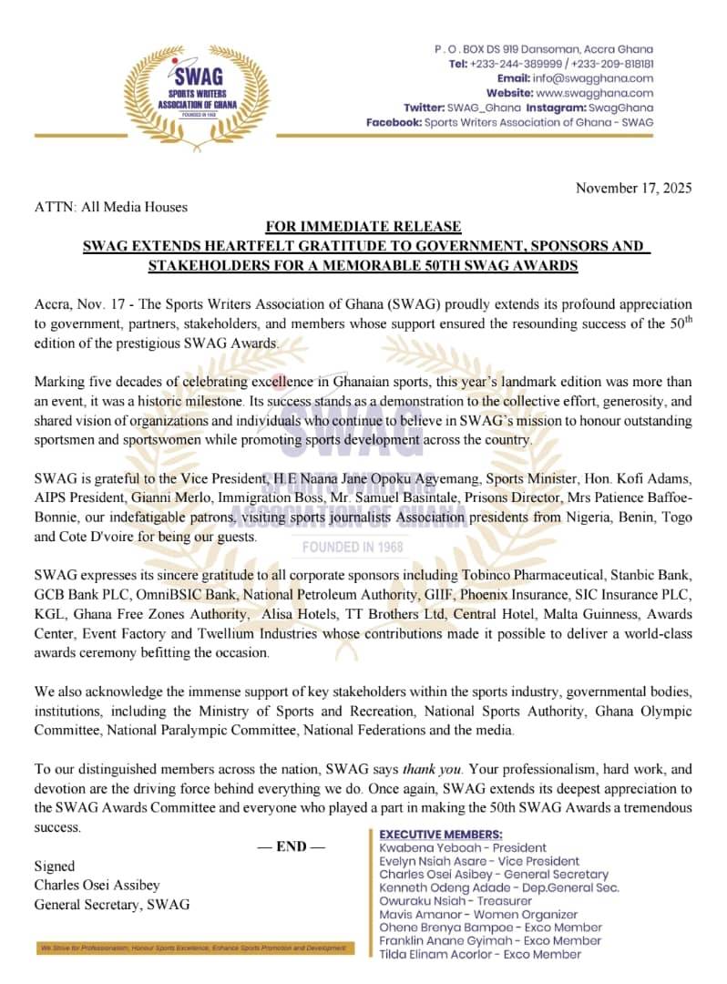ayisha_reports's tweet photo. The Sports Writers Association of Ghana (SWAG) has expressed its heartfelt gratitude to all partners and stakeholders for helping make the 50th SWAG Awards a truly successful and memorable event.
#AyishaReports
#SWAGAwards https://t.co/5DBCGHTF3G
