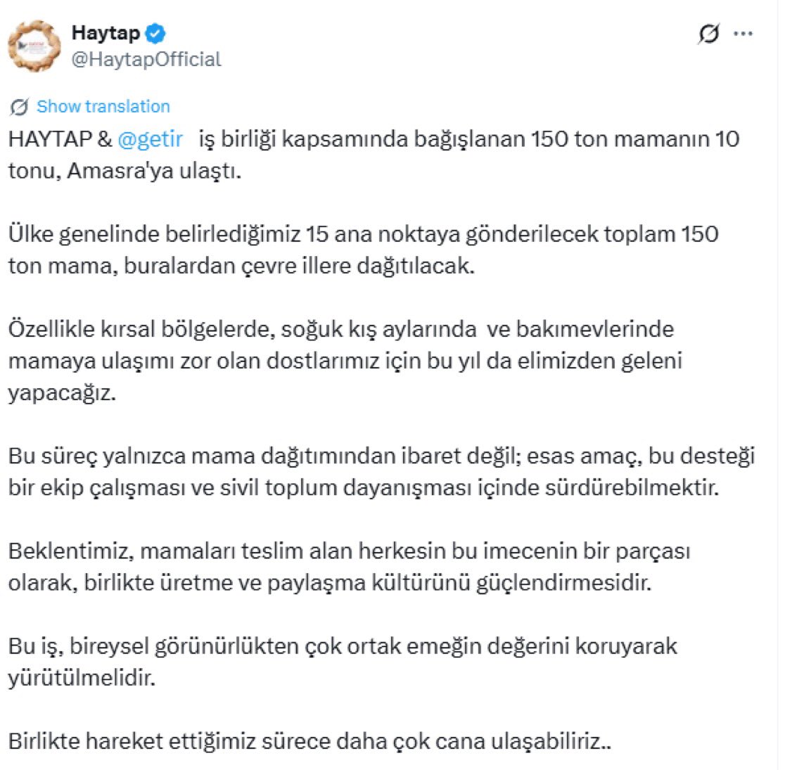 kocovalitr01's tweet image. Getir firması, sokaklarda hayvan beslemek için Haytap&apos;a 150 ton mama bağışı yapmış. Sokaklarda hayvan beslemek yasaklanmalıdır.
#GetirBoykot
