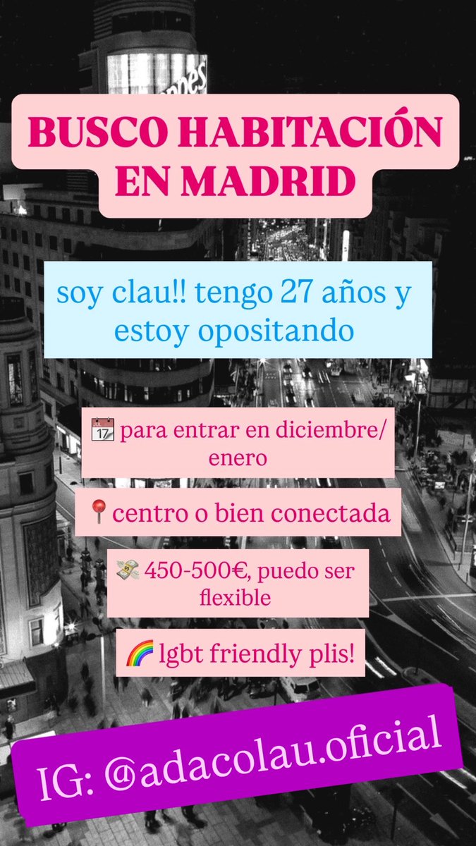holaaaa la casera nos echa del piso donde vivo ahora porque dice que lo necesita para ella

alguien busca compi de piso en Madrid? tengo los DM abiertos + dejo mi IG por si acaso

agradezco difusión 🥰