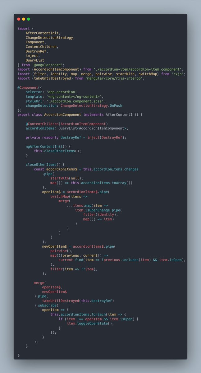 lefet098's tweet image. Here is an illustration for those saying RxJS is not over-complicated at all. 
Both solutions do the same - close the previous open accordion item when a new one is opened to always keep only one item open at a time.

#angular #signals #angularsignals #rxjs #overcomplicated
