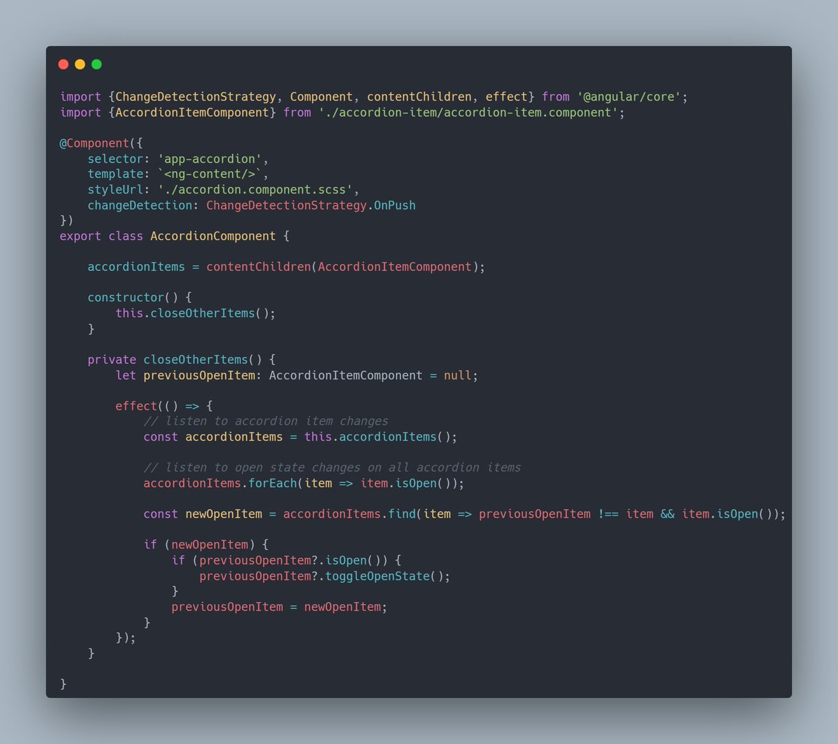 lefet098's tweet image. Here is an illustration for those saying RxJS is not over-complicated at all. 
Both solutions do the same - close the previous open accordion item when a new one is opened to always keep only one item open at a time.

#angular #signals #angularsignals #rxjs #overcomplicated