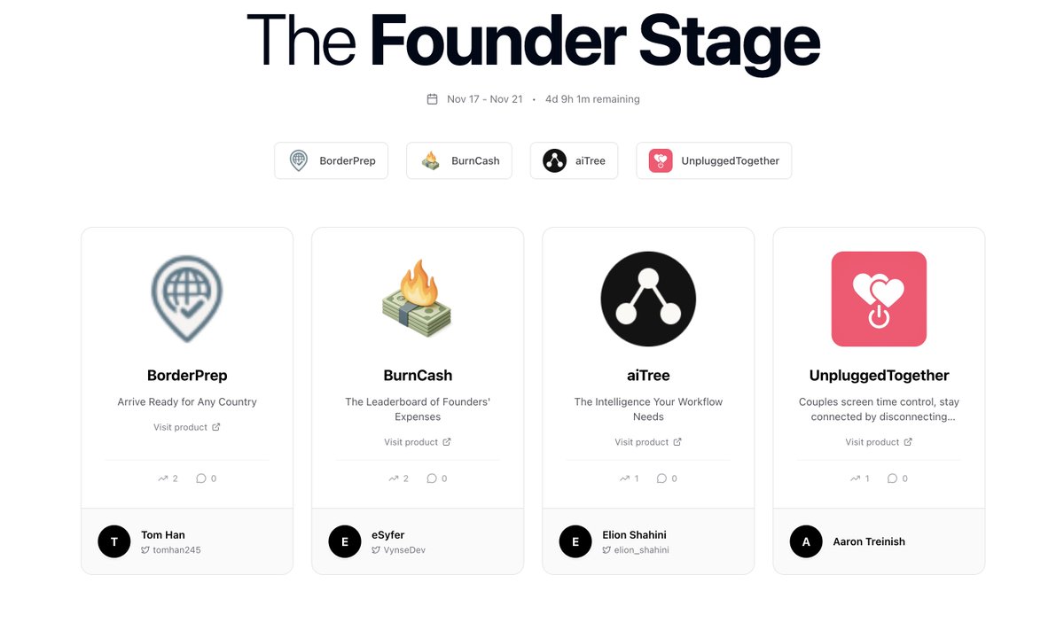 🚀 Weekly Launches Are Live!

Today we start our first weekly launch cycle  a simple, focused way for founders to share what they’re building.

This week’s lineup 👇
– BorderPrep by <a href="/tomhan245/">Tom Han</a> 🌍 Arrive ready for any country
– BurnCash by <a href="/VynseDev/">Vincent S 🖥️</a> 🔥  The leaderboard of