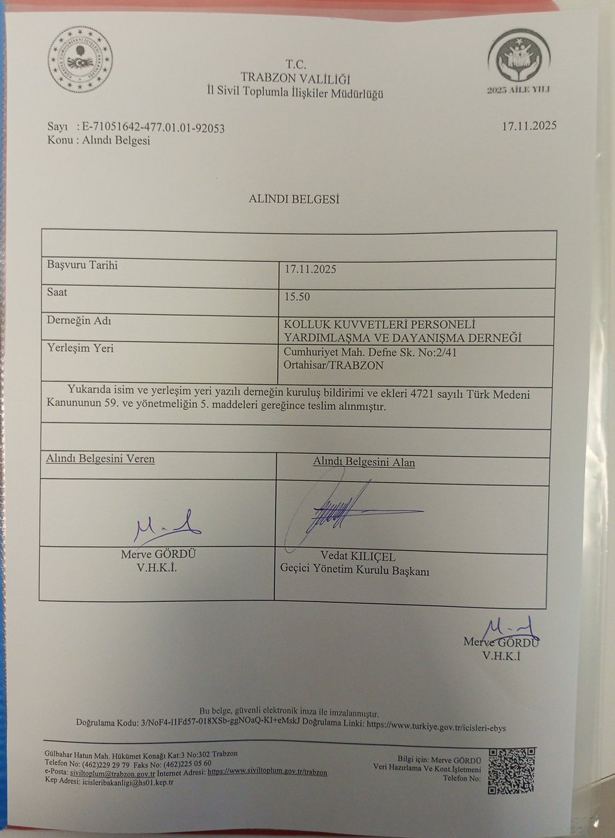 Değerli meslektaşlarım...

Kolluk Kuvvetleri Personeli Yardımlaşma ve Dayanışma Derneğimizin başvuru süreci hamdolsun başarıyla tamamlanmıştır...

Böylece uzun zamandır üzerinde çalıştığımız bu hayırlı oluşum için resmi adımlar atılmış, kuruluş çalışmalarımız resmen