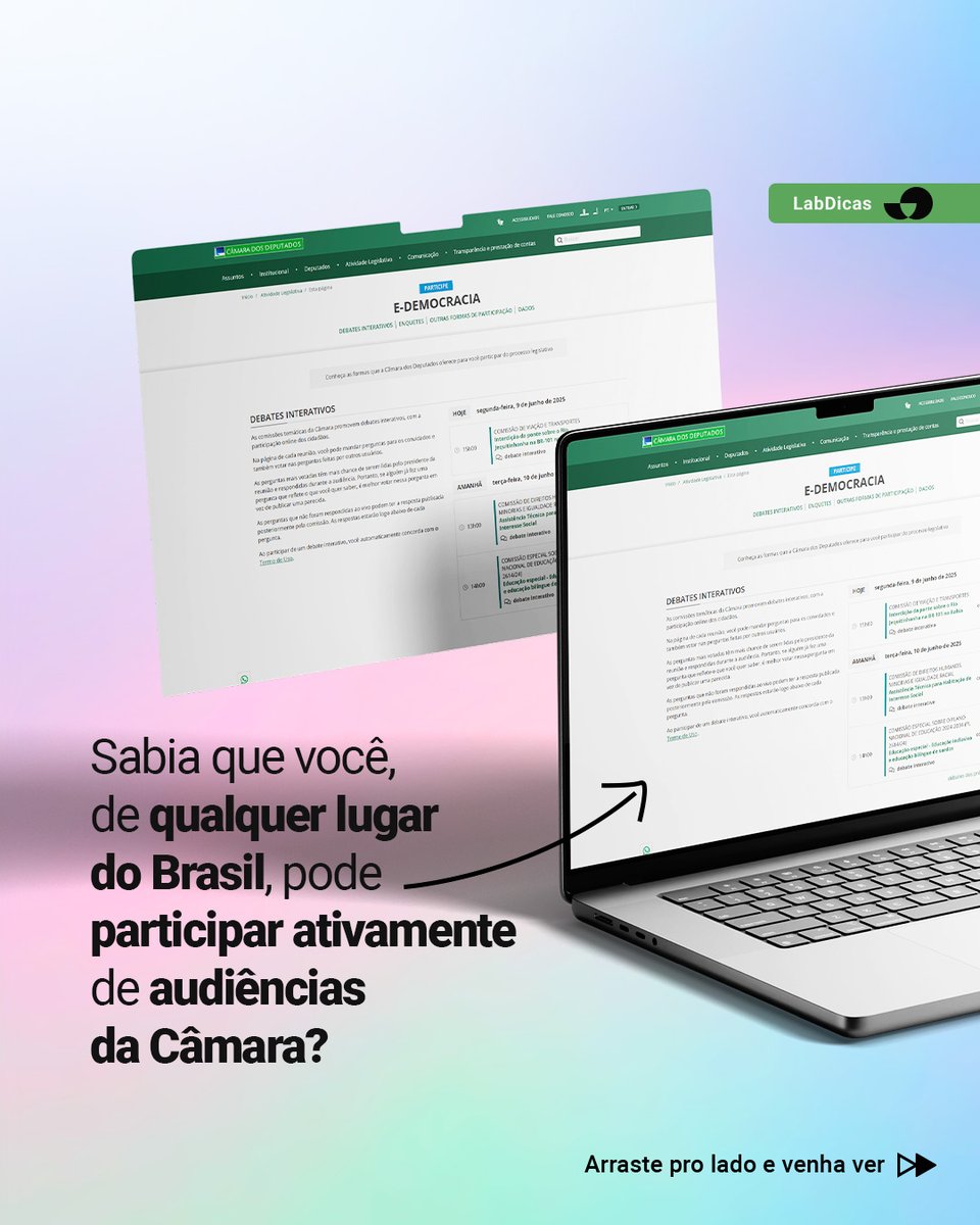 LabHackerCD's tweet image. Você sabia que pode assistir às audiências da Câmara AO VIVO e participar enviando perguntas em tempo real? 💬
A ferramenta Debates Interativos, criada no LAB, está aproximando cidadãos e deputados, e aprimorando a participação social! 💡
#LABHackerCD #ParticipaçãoDigital