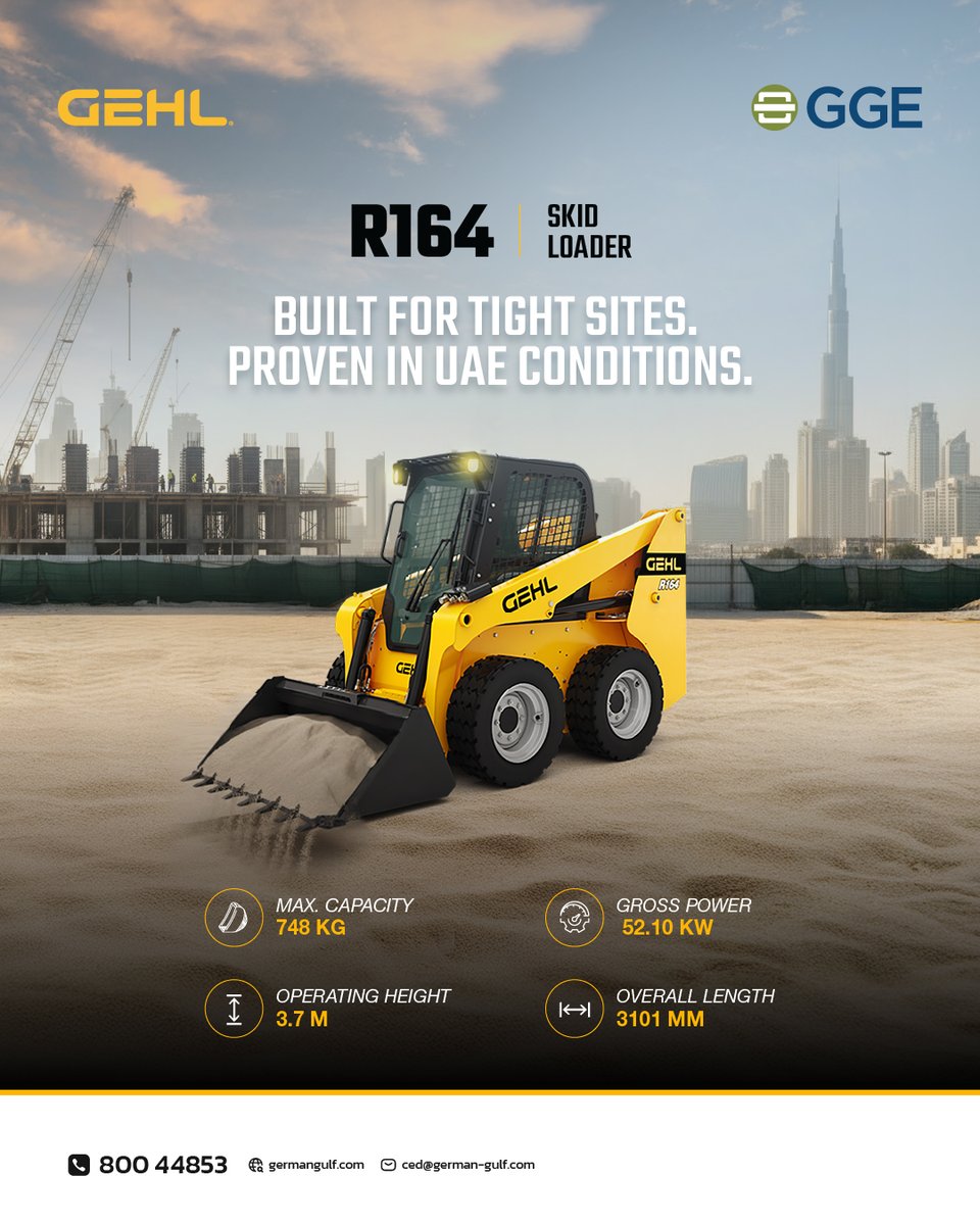 GermanGulfEnt's tweet image. Compact Power. Big Output. The GEHL R164 Skid Loader delivers 748 kg operating capacity with a compact 1.58m width. Built tough for urban development and high-density UAE job sites.

📞 800-GGULF 📧 ced@german-gulf.com #GermanGulf #GEHL #SkidLoader #CompactEquipment