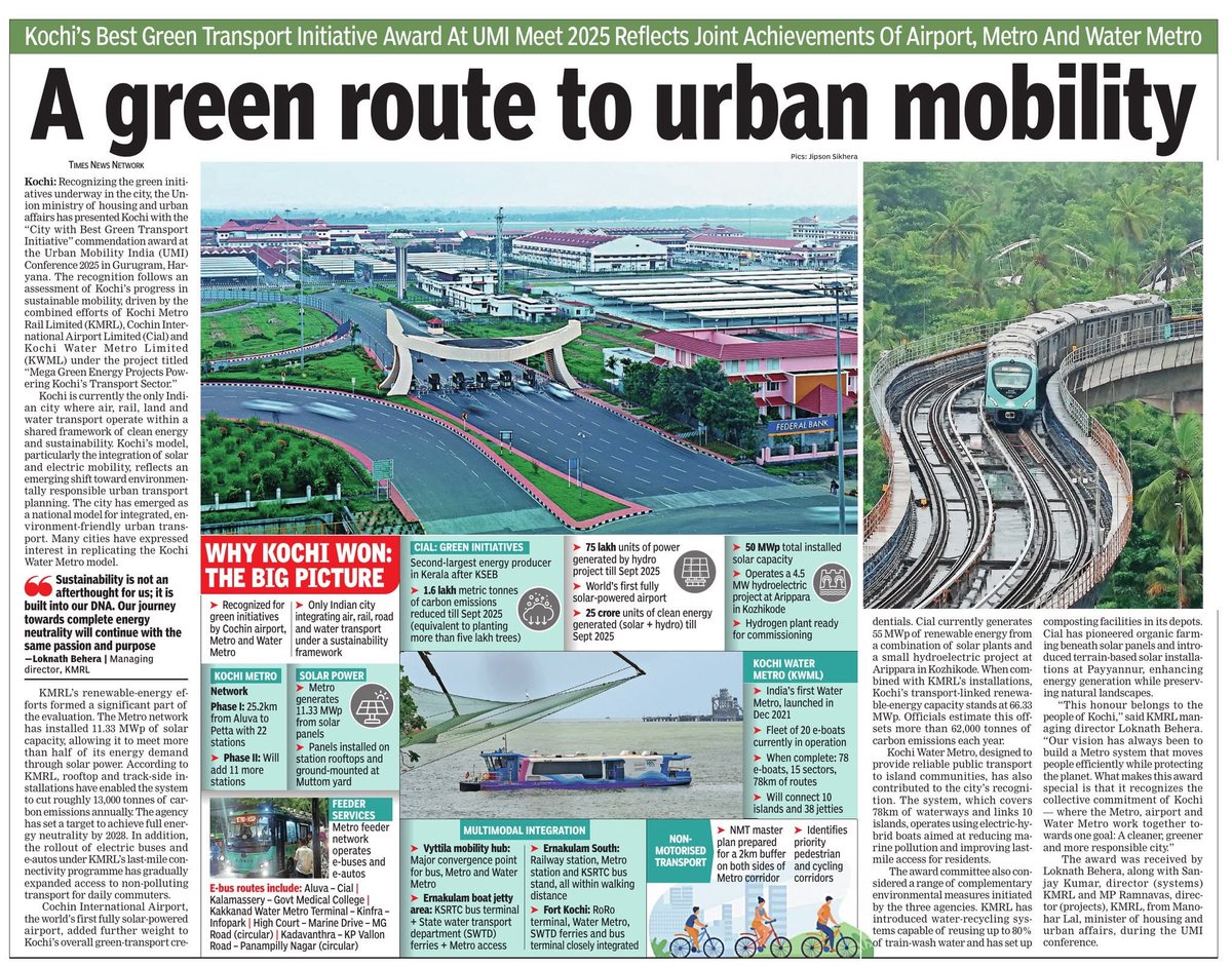 R_Rajmohan's tweet image. Kochi has won the &apos;City with Best Green Transport initiative&apos; award instituted by union urban transport ministry. Kochi is the only Indian city integrating air, rail,road and water transport within a shared framework of clean energy and sustainability. 
#ComeOnKerala