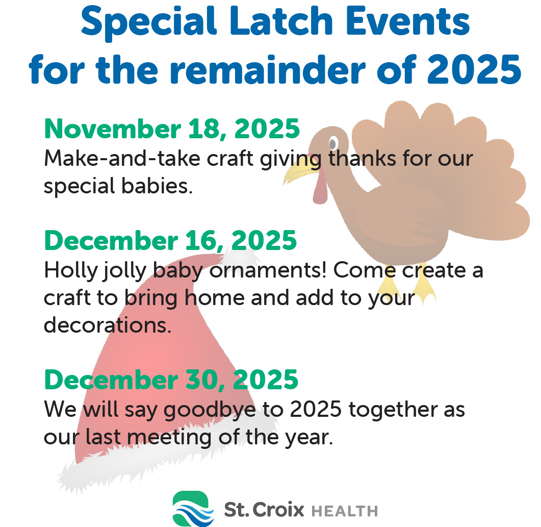 SaintCroixHlth's tweet image. The Latch has more special events coming up! Reminder that The Latch meets in the lower level of the St. Croix  Regional Medical Center in St. Croix Falls now that the weather is chillier. Learn more about The Latch here: ow.ly/qxsQ50X8MCv

#SupportForMoms #StCroixHealth