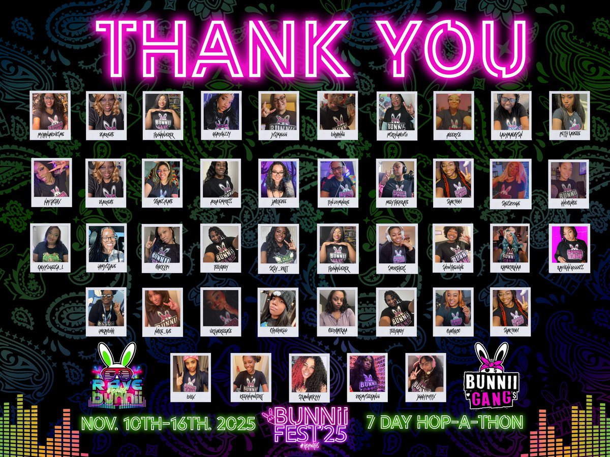 #BUNNIIFEST2025 HAS COME TO A CLOSE!!! ON BEHALF OF #BUNNIIGANG WE APPRECIATE ALL THE LUV AND SUPPORT OVER THE LAST WEEK!!! WHAT AN AMAZING EVENT!!! BE SURE TO DROP ALL THE BUNNIIS A FOLLOW AND CONTINUE 2 SUPPORT!!! THANK YOU ALL, MUCH LUV!!! 💯🤘🏾🐰❤️ <a href="/Mypandalovesme2/">MyPandaLovesMe2</a>
