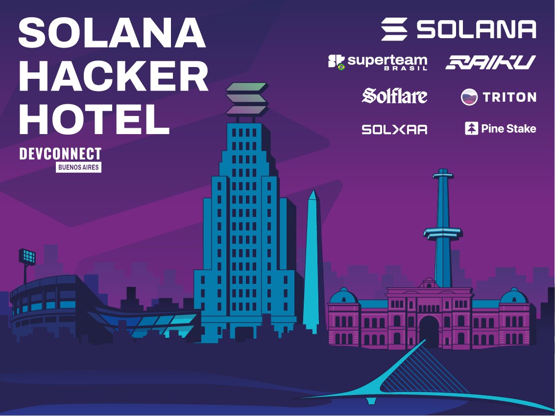 Superteam Brasil arrived on Buenos Aires for DevConnect and we are ready to bring all attention to the Solana Hacker Hotel.

STBR is not alone, we came with <a href="/raikucom/">Raiku 🐉</a> <a href="/solflare/">Solflare - The Solana Wallet</a> <a href="/triton_one/">Triton One 🌊🌋</a> and <a href="/PineStake/">Pine Stake 🌲 IBRL/acc</a> to Argentina for a full week of activities, with bootcamps, workshops, side