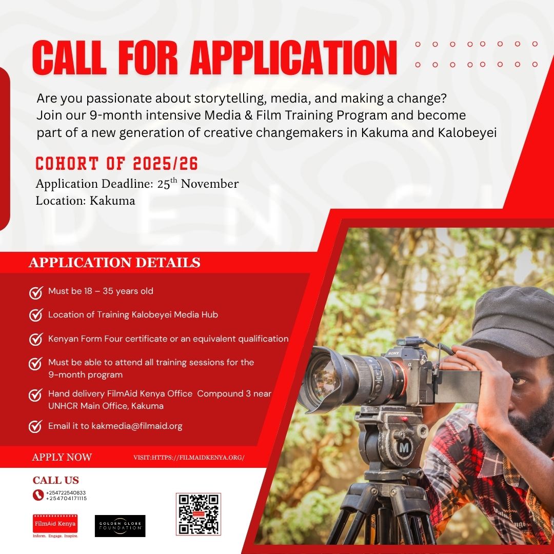 filmaidkenya's tweet image. It’s official, applications are now OPEN! 

The 2025/26 Media &amp;amp; Film Training Program is open for all aspiring film makers in Kakuma &amp;amp; Kalobeyei. See poster for details
 #FilmAidKenya #YouthVoices #goldenglobefoundation