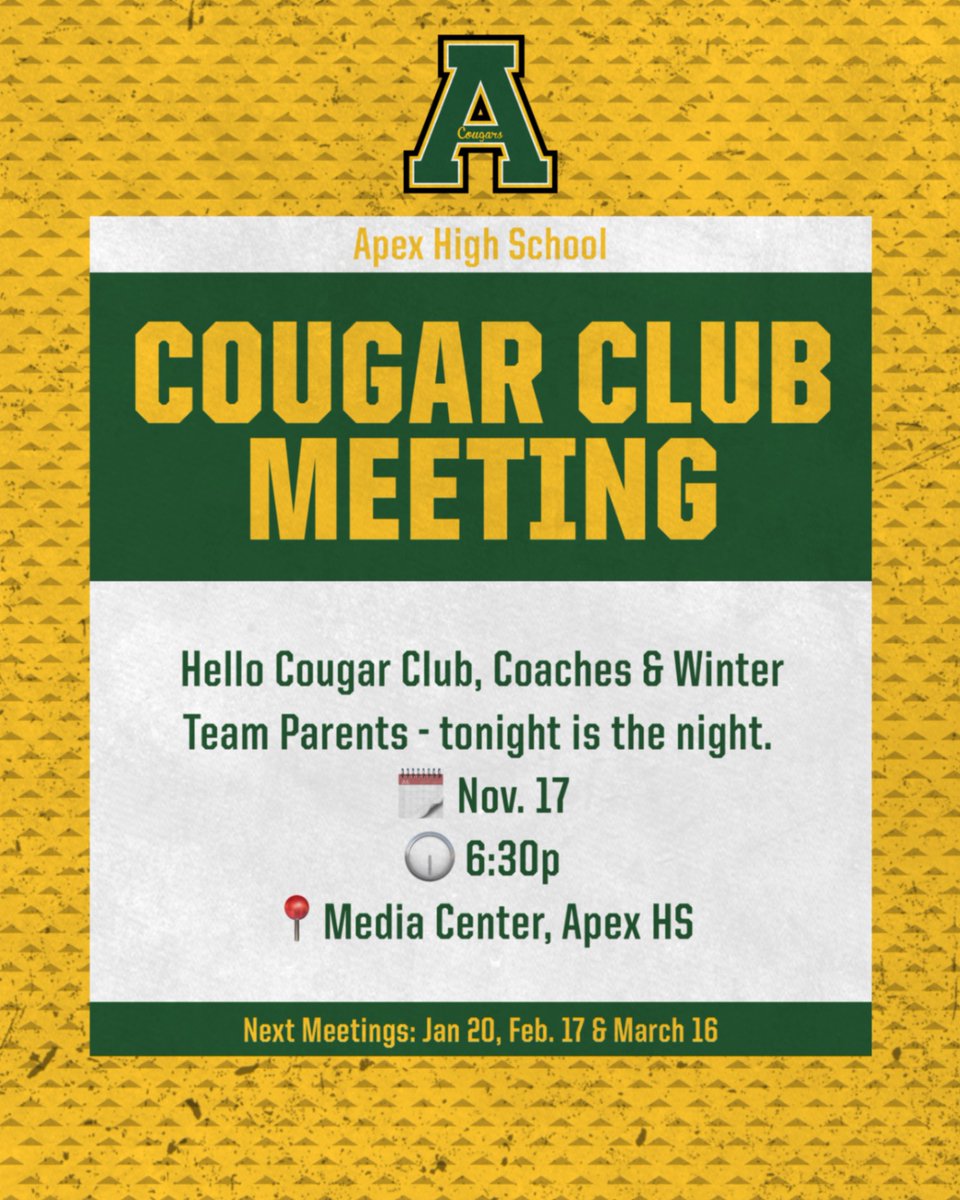 Cougar Club Meeting tonight - Nov. 17 📍 Media Center

<a href="/ApexHighSchool/">Apex High School</a> <a href="/apexhsathletics/">Apex Athletics</a> <a href="/CougarsBBallAHS/">CougarsBBallAHS</a> <a href="/ApexWomensBball/">Apex High Womens Basketball</a> <a href="/ApexHScheer/">Apex Cheer</a> <a href="/apexswimdive/">Apex High Swim/Dive</a> <a href="/apextrackxc/">Apex Track & XC</a> <a href="/ahswrestling/">Apex High Wrestling</a>
