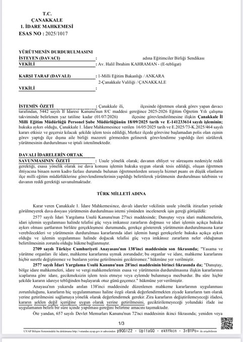 Scanned official Turkish legal document from Kaleiçi District National Education Directorate dated 2024 with case number E-250925-2024-01-04-ÖZELGE, detailing administrative court decision on teacher appointment violation based on family unity mazeret, including sections on judicial rulings, ministry obligations, and emphasis on legal security principles in educator placements without considering norm cadre excess during spousal duty periods.