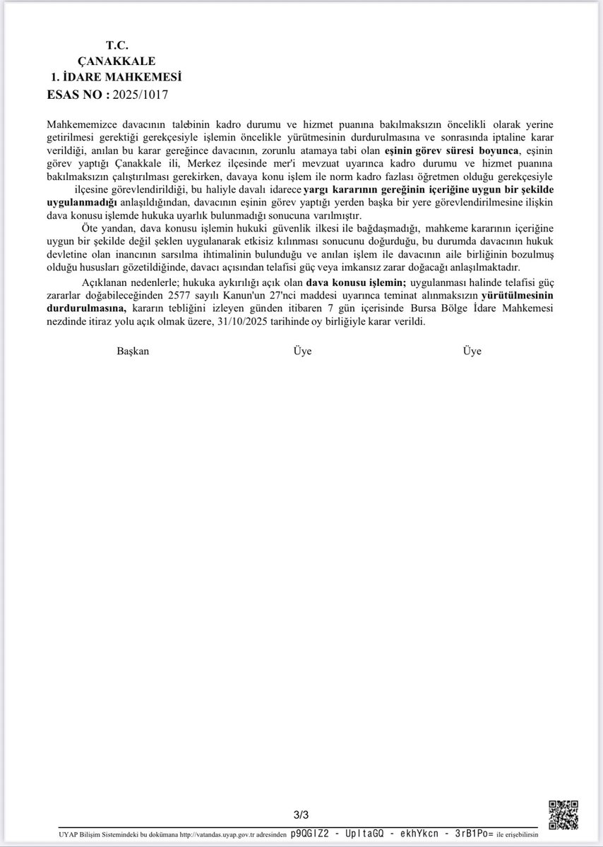 *Mazerete dayalı atamaları ihlal eden res’en atamalar mahkemelerden dönüyor*

Aile birliği mazeretine dayalı olarak eşinin görev yaptığı yere yargı kararı gereği ataması yapılan öğretmen üyemizin norm kadro fazlası olduğu gerekçesiyle bir başka ilçeye res’en atanmasını mahkeme