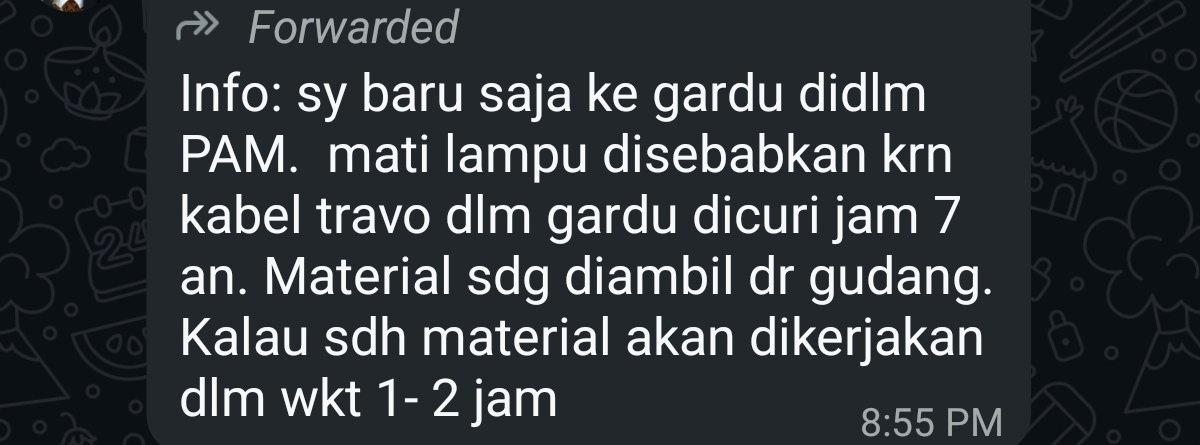 imejin komplek mati lampu karena kabel nya di maling

fucking maling besi man istg.