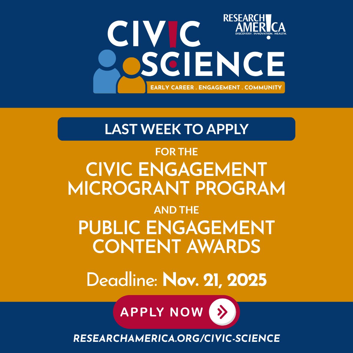 ResearchAmerica's tweet image. 📣 This is the last week to apply! 

⏰ The deadline is fast approaching for our Civic Engagement Microgrant Program and Public Engagement Content Awards. Learn more and submit your application today: 
🔗 researchamerica.org/civic-science/ 

#CivicScience #PublicEngagement #SciComm #STEM…