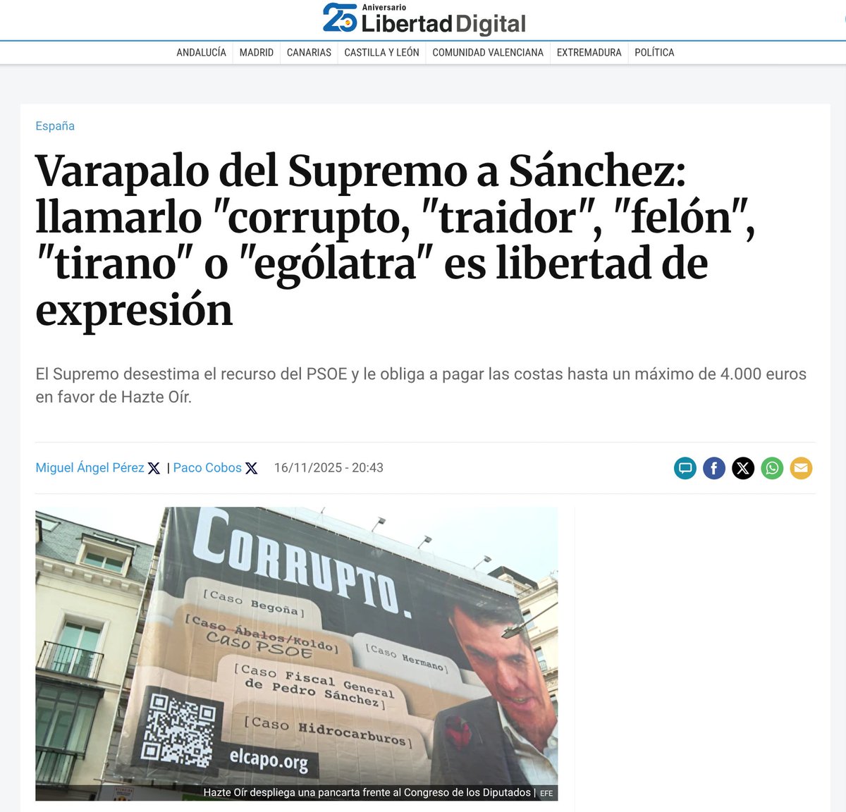 Sobre la última sentencia del Tribunal Supremo: 

Varapalo del Supremo a Sánchez: llamarlo "corrupto, "traidor", "felón", "tirano" o "ególatra" es libertad de expresión

Vía LD: libertaddigital.com/espana/2025-11…