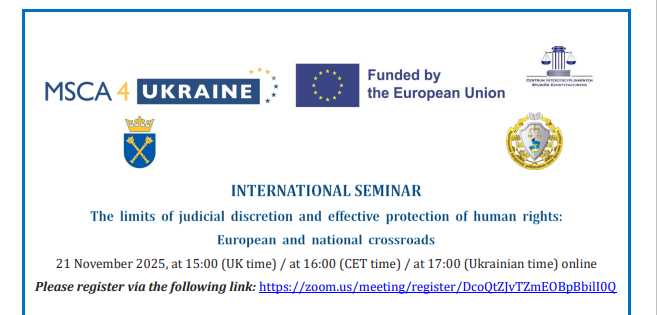 SAR_Europe's tweet photo. Check out the upcoming #MSCA4Ukraine-fellow organised seminar on 21 November:

'The limits of judicial discretion and effective protection of human rights: European and national crossroads'

For more information, and to register, visit: https://t.co/7uKOWHa39m

🇺🇦🇪🇺 https://t.co/AIp950Isfq