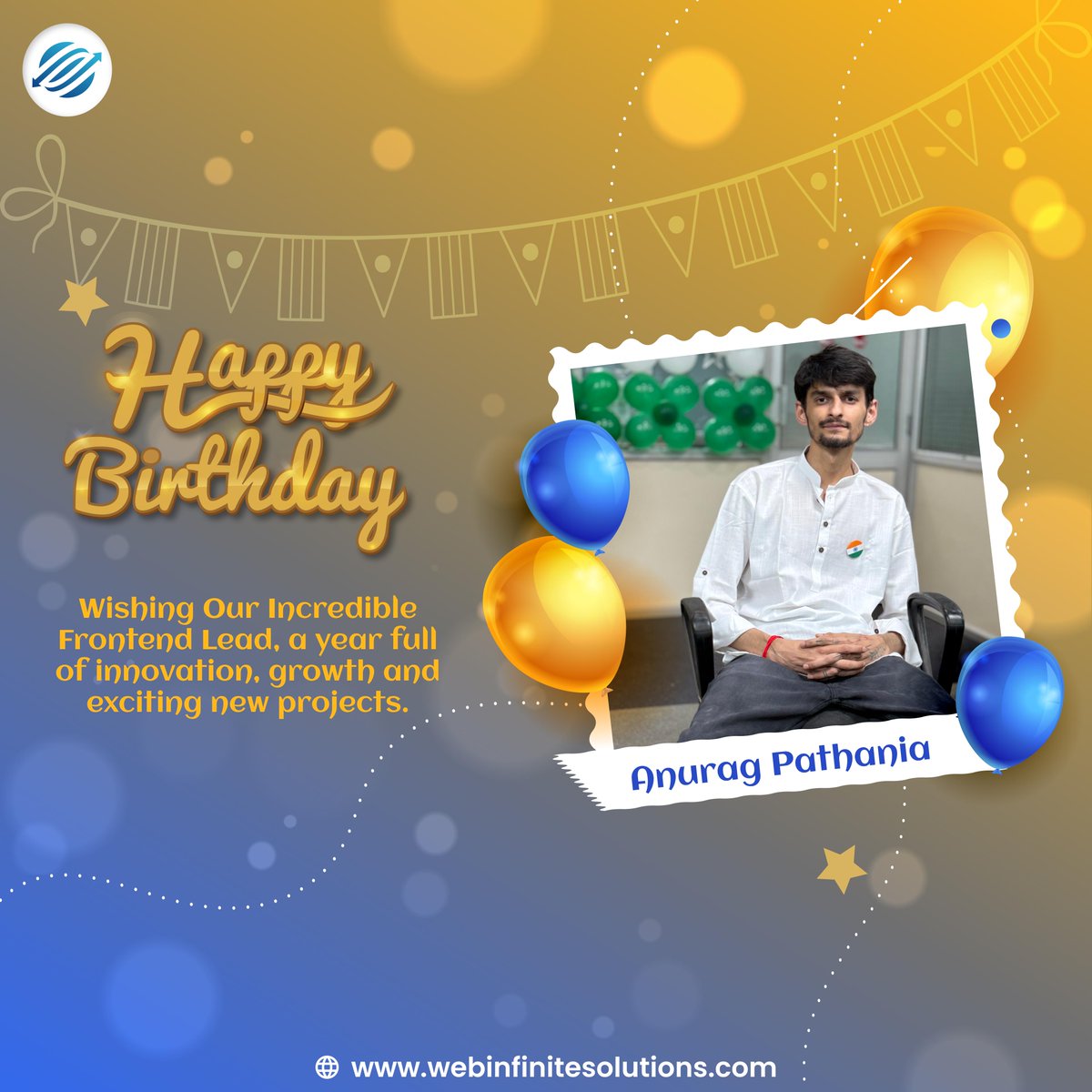 WebInfiSol's tweet image. 🎂 Happy Birthday, Anurag Pathania! 🎉
Cheers to our amazing Frontend Lead! May this year bring you inspiration, new challenges, and exciting projects. Let&apos;s make it unforgettable! 🌟
#WebInfiniteSolutions #BirthdayCelebration