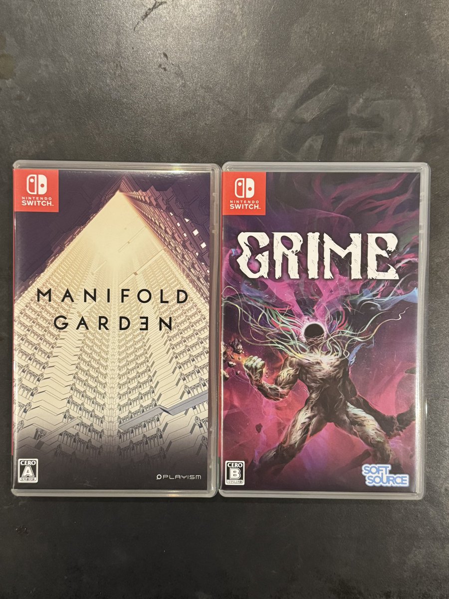 RedRabbit_para's tweet image. ゲームお宝探し

#Switch 
#マニフォールドガーデン 
#グライム 

どちらも完全にジャケ買い🤣✨
まだまだ知らないゲームたくさんあるんだなぁ…としみじみと感じました🤣✨
特にGRIMEのパッケージデザインがいい🤩

…いまは、ジャケ買いなんて言葉使わないのかな？🤣