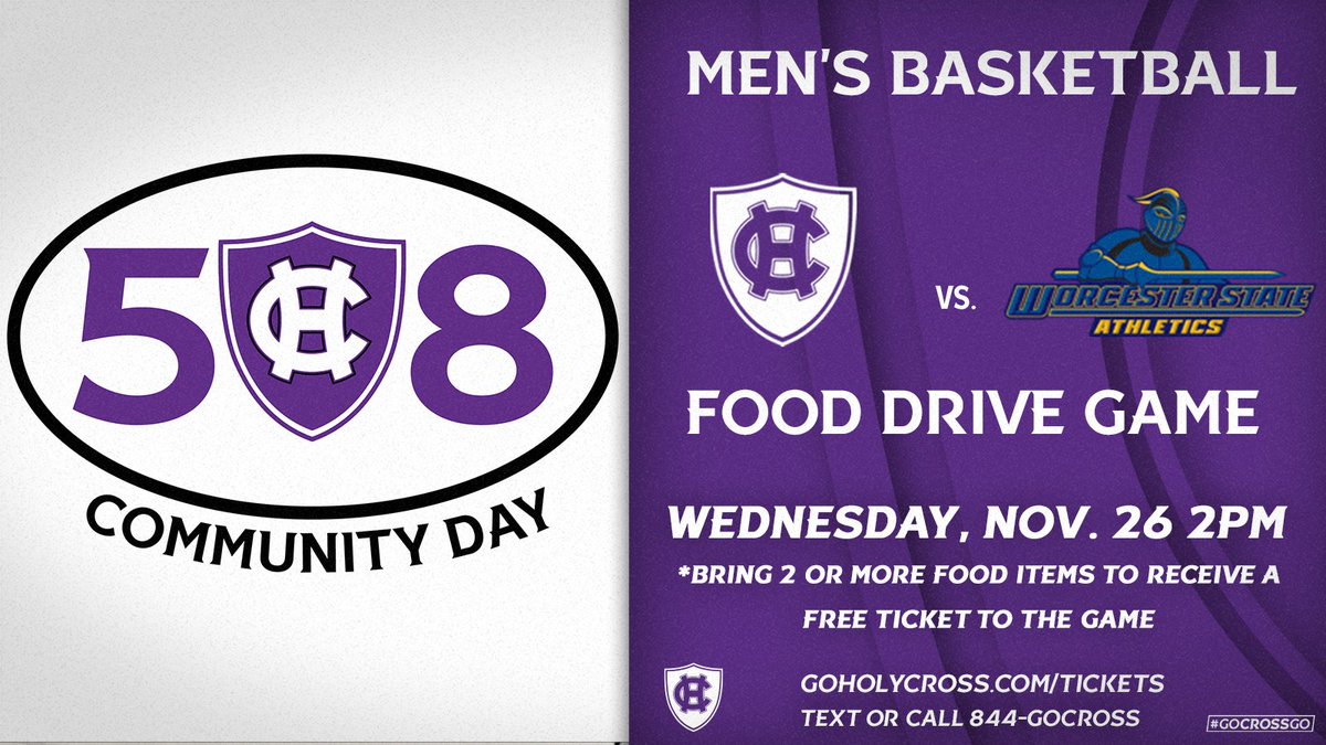 Holy Cross and Worcester State Athletics will team up for a food drive on Nov. 26 👏👏👏

Fans who wish to attend the matchup can bring two or more food items to benefit the Worcester East Food Pantry for free admission to the game!

📰 bit.ly/48icbBE

#GoCrossGo