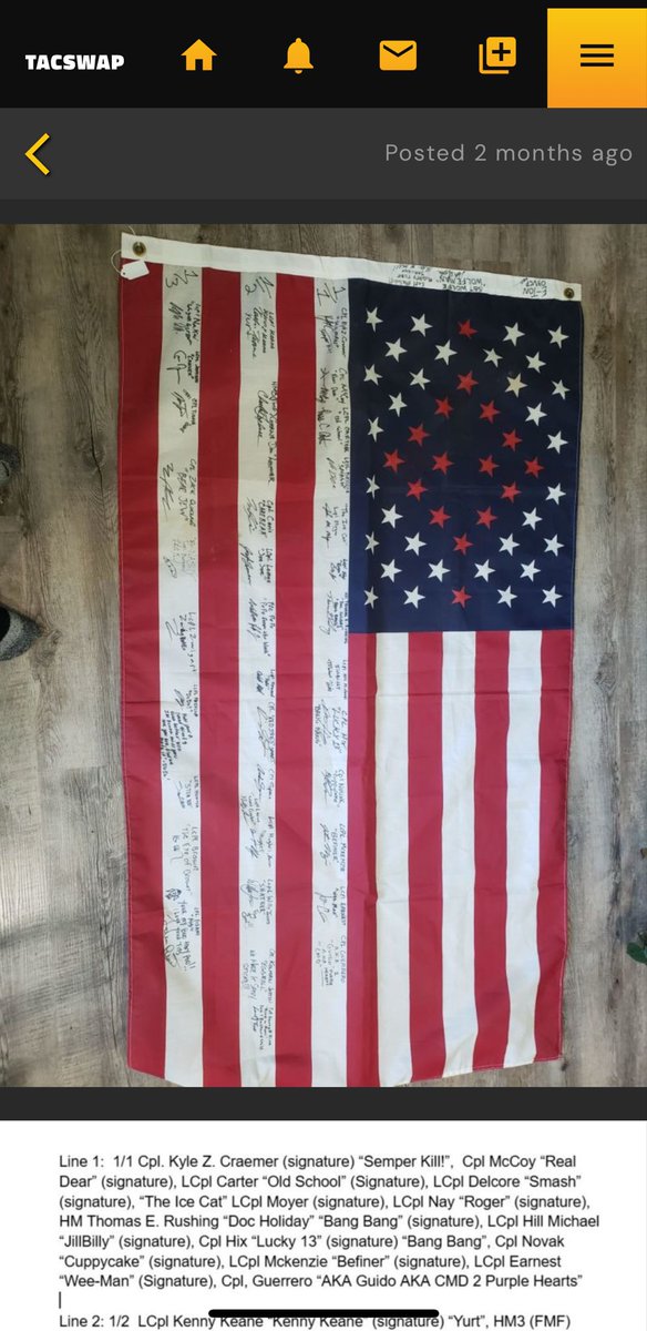 Ragnar_Axes's tweet image. GM Fam! Crayon Connoisseurs: a honey in Tacswap found this unit-signed flag at a thrift store, and the story thus far is that this flag was gifted from one Marine to another, and the 1st Marine then exited this mortal coil. Marine 2 then lost this flag in a nasty divorce; the…