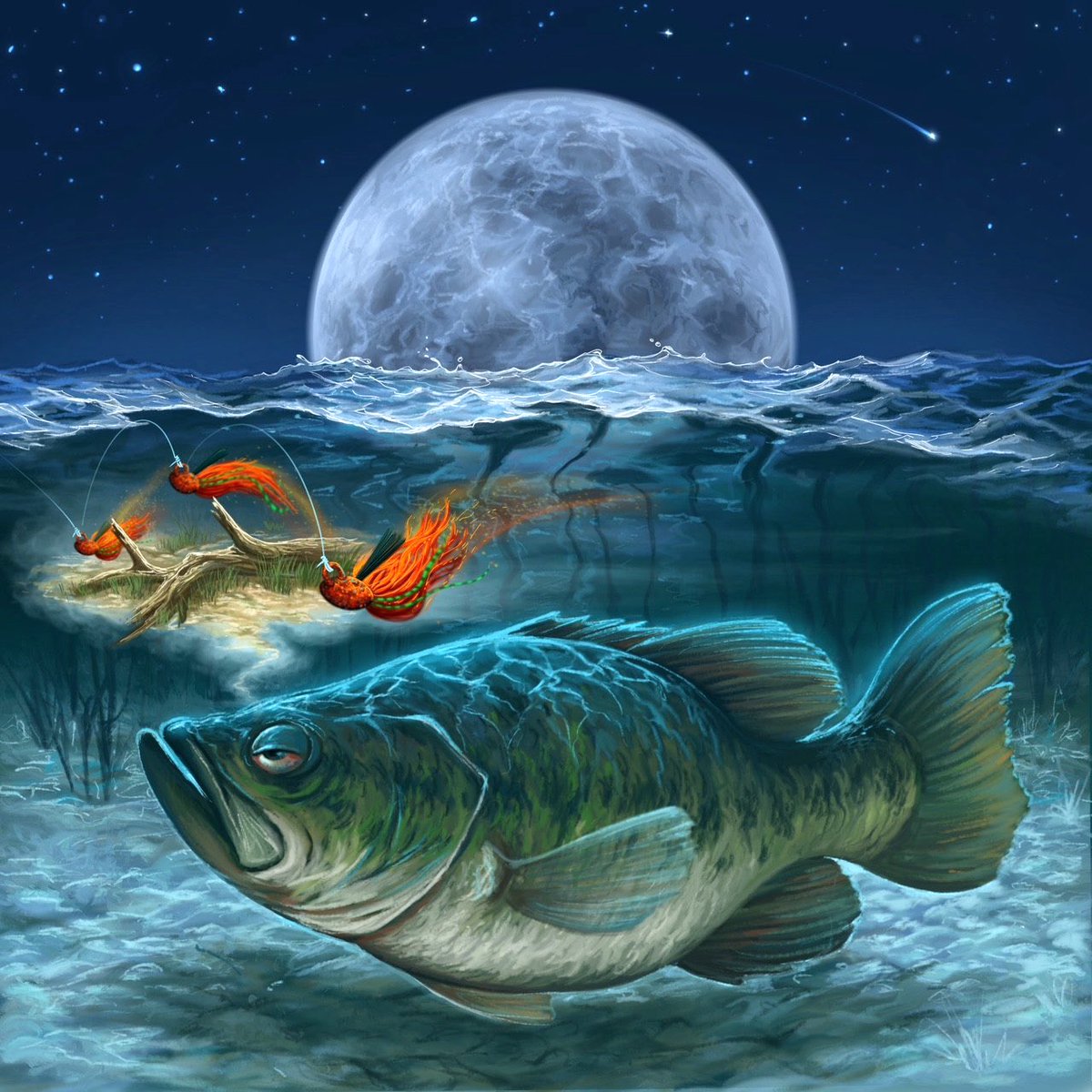 bassmaster's tweet photo. Got a caption for this moonlit underwater moment? 🌕🐟 Leave it in the comments and our favorite will be featured in the next issue of Bassmaster Magazine!

👨🏻‍🎨 Murga Art
#bass #bassmaster #BassmasterMagazine https://t.co/m941BYUw0K