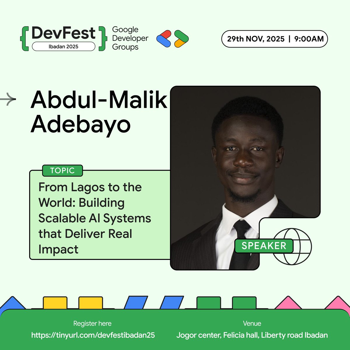 Excited to announce <a href="/maaks_00/">Abdul-Malik</a> as a speaker for #DevFestIbadan25

As an AI Researcher &amp; Backend Engineer, he's passionate about scalable, production-ready AI solutions.

Join Abdul-Malik to learn how Nigerian devs can build globally trusted AI.

Tickets: devfestibadan.com