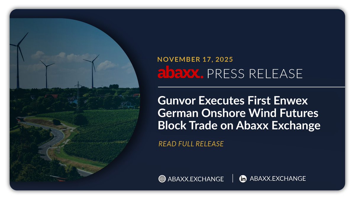 abaxx_exchange's tweet image. Trading has commenced in our Enwex German Onshore Wind Futures, the exclusive benchmark for the Enwex German Wind Index, with @Gunvor completing the contract’s first block trade today.

Read Release
bit.ly/gunvor-execute…