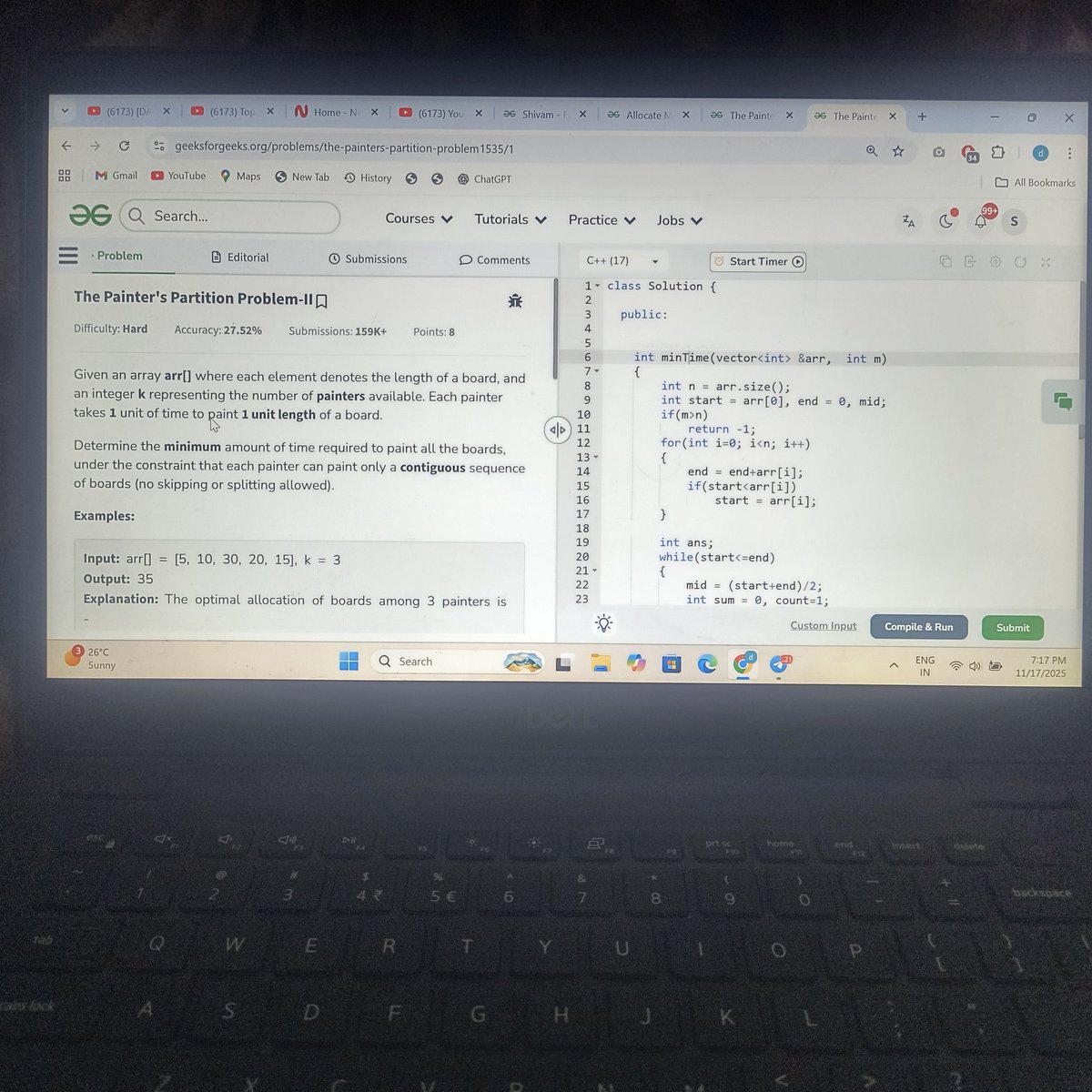 darshan20284172's tweet image. Day 2 of my DSA Build-in-Public Journey
Solved the Painter’s Partition Problem – II today (GFG Hard).
Made a few mistakes during the dry run, especially in sum resets and painter count  but fixing them helped me understand Binary Search on Answer much better
#DSA #BinarySearch