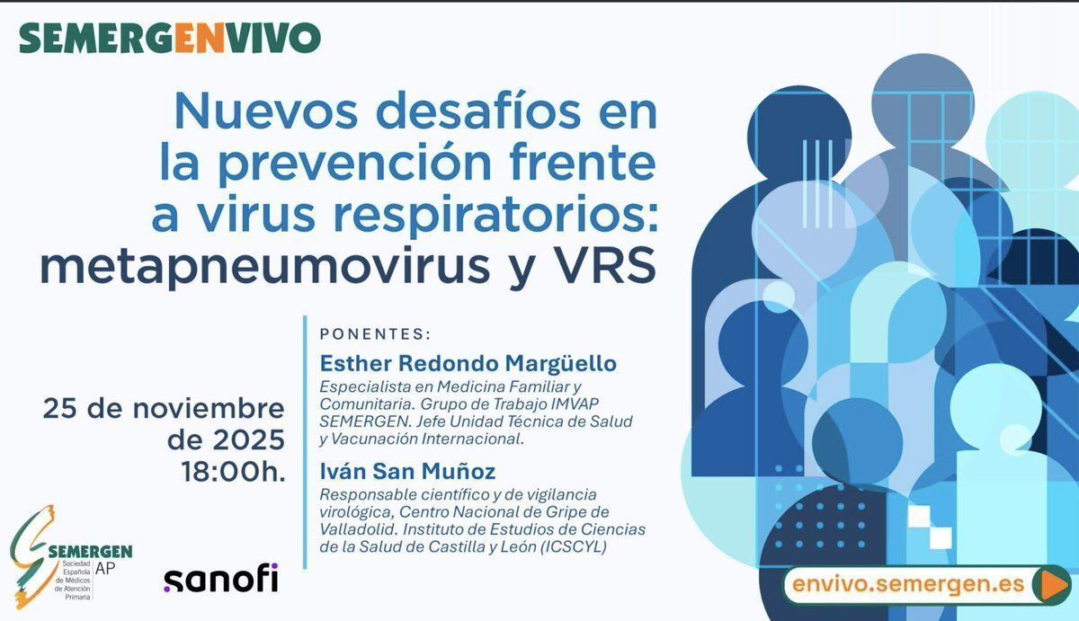 SEMERGEN_CV's tweet image. 🔜 25 Nov. a las 18:00
Analizaremos los &quot;Nuevos desafíos en la prevención frente a virus respiratorios: metapneumovirus y VRS&quot;.

✍️ Inscríbete en envivo.semergen.es