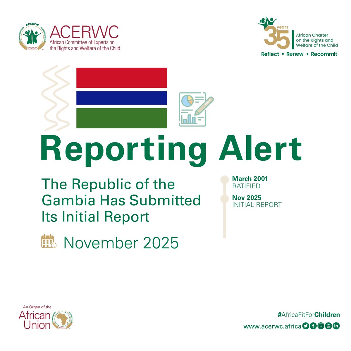 acerwc's tweet image. #ReportingAlert

The Republic of #Gambia🇬🇲 has submitted its Initial Report to the Committee.

Check the progress and challenges in the report🌐🌐🔗🔗acerwc.africa/en/states-part…

#ACRWC35
#AfricaFit4Children
